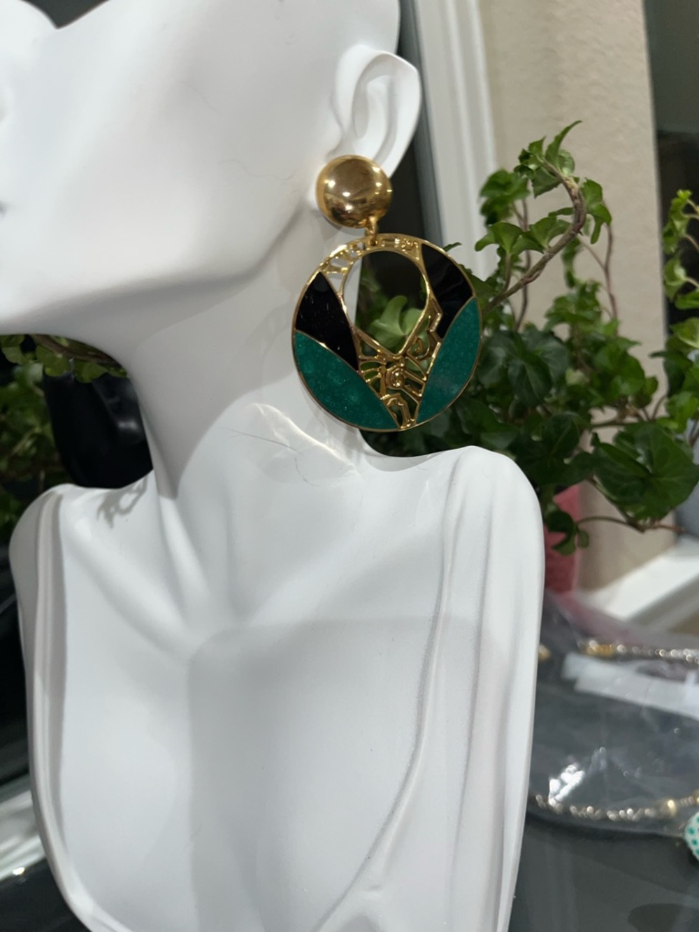 Gold, Black and Teal Round Statement Earrings - designer Edgar Berebi signed